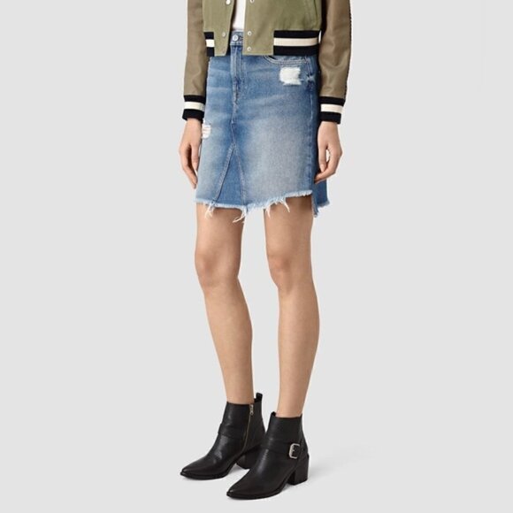 ALL Saints Distressed Denim Raw Hem Mini Jean Skirt 00 - Picture 1 of 5
